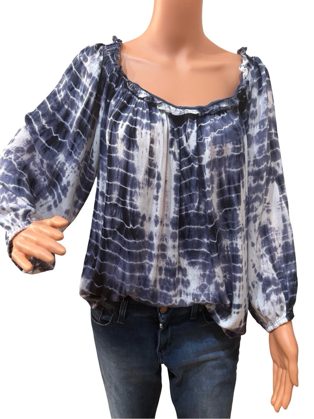 Knox Rose Navy & White Tie-Dye Off-Shoulder Peasant Blouse